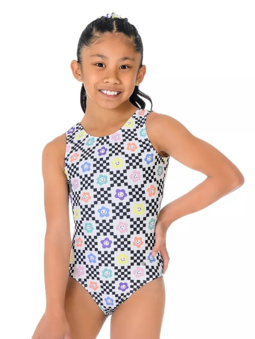 THINK OUTSIDE THE BOX Destira Gymnastics Dance Leotard Large Happy Face Checkers